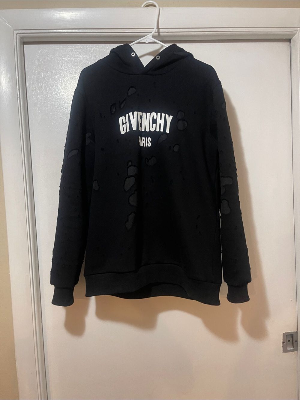 Givenchy Black distressed hoodie with White Logo small